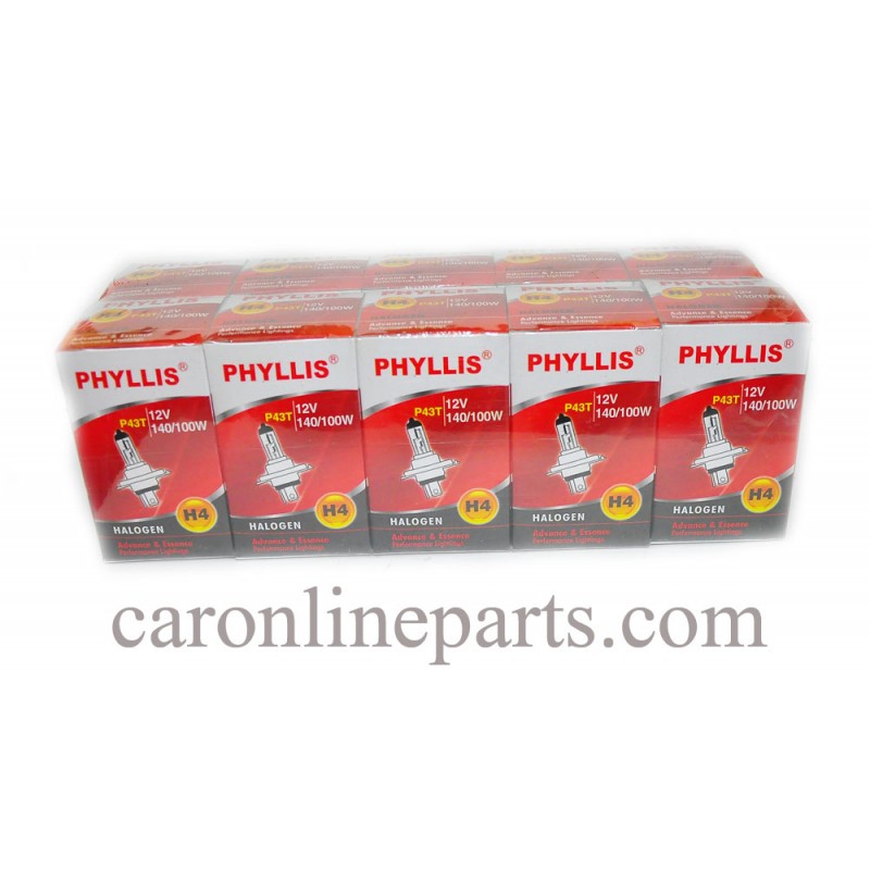 หลอดไฟหน้ารถยนต์ H4 140/100W 12V PHYLLIS (บรรจุแพ็คละ 10ดวง)