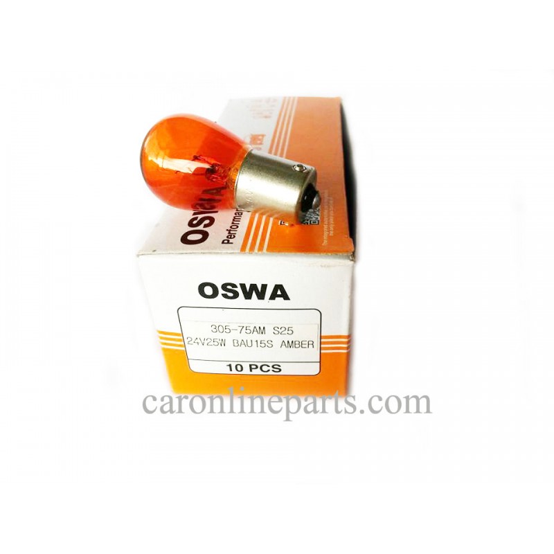 หลอดไฟ 24V 25W สีส้ม AMBER (1จุดใหญ่-เขี้ยวเยื้อง) No.305-75AM S25 (BAYU15S)  OSWA (จำนวน 10ดวง)